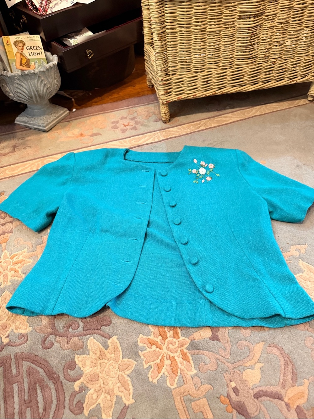 Women's Teal Short-Sleeve Embroidered Jacket